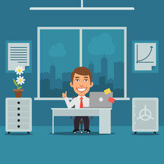 Businessman Sitting in Office and Showing Thumbs Up