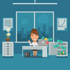 Businesswoman Sitting in Office and Rejoices Monetary Gain