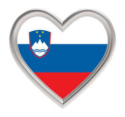 Slovenian flag in silver heart isolated on white background. 3D illustration.