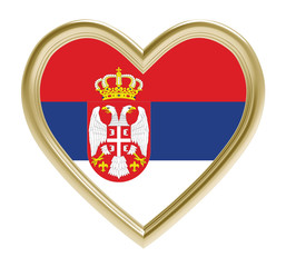 Obraz premium Serbian flag in golden heart isolated on white background. 3D illustration.