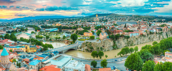 Panoramic Top View Of Tbilisi Center, Georgia, Famous Landmarks, - obrazy, fototapety, plakaty