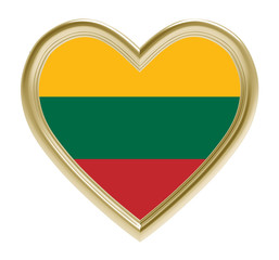 Lithuanian flag in golden heart isolated on white background. 3D illustration.