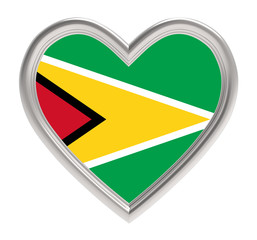 Guyana flag in silver heart isolated on white background. 3D illustration.