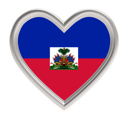 Haiti flag in silver heart isolated on white background. 3D illustration.
