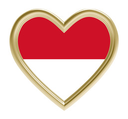 Indonesia flag in golden heart isolated on white background. 3D illustration.