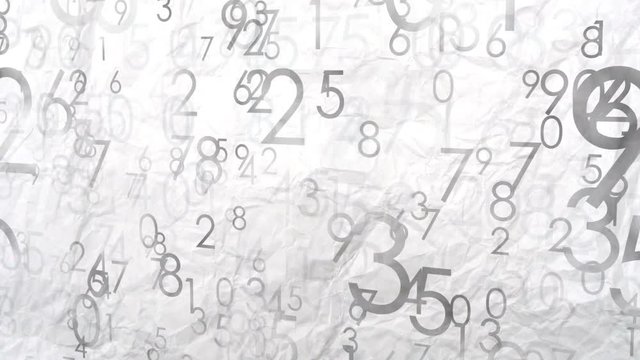 Numbers abstract background, 3D motion. White crumpled paper background. Loop seamless background.