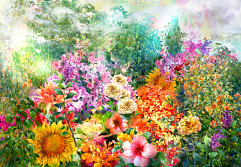 Fototapeta na wymiar Abstract flowers watercolor painting. Spring multicolored flowers