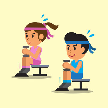Cartoon man and woman doing dumbbell seated calf raise exercise