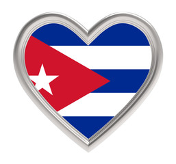 Cuba flag in silver heart isolated on white background. 3D illustration.
