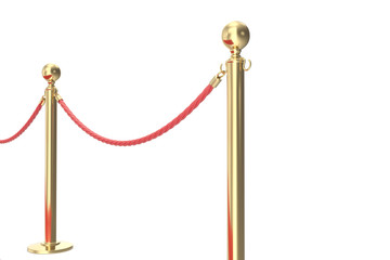 Gold barrier with red rope. 3d illustration isolated on white