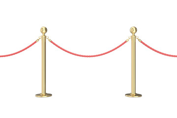 Gold barrier with red rope. 3d illustration isolated on white