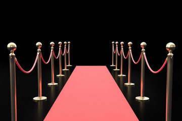 Red carpet between two rope barriers on black background. 3d illustration