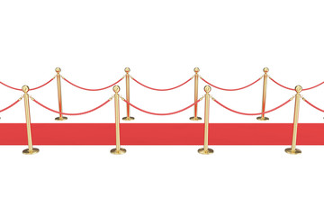 Red carpet with gold barriers isolated on white, view side. 3d illustration