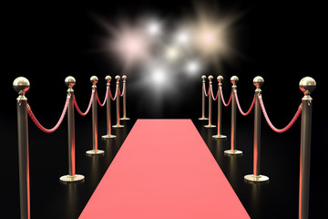 Red carpet between two rope barriers and flashlight on black background. 3d illustration