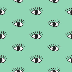 Modern seamless pattern with hand drawn eyes on green background.