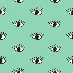Wall murals Eyes Modern seamless pattern with hand drawn eyes on green background.