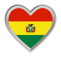 Bolivia flag in silver heart isolated on white background. 3D illustration.