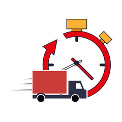 flat design clock with arrow and  truck van icon vector illustration