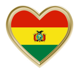 Obraz premium Bolivia flag in golden heart isolated on white background. 3D illustration.