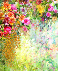 Abstract flowers watercolor painting. Spring multicolored flowers - obrazy, fototapety, plakaty
