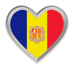 Andora flag in silver heart isolated on white background. 3D illustration.