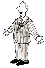 B&W business illustration of businessman with arms spread wide apart.