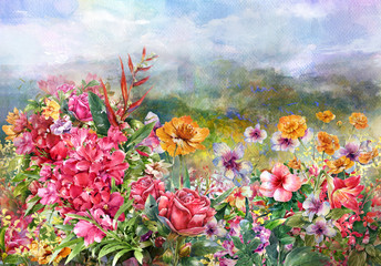 Fototapety  krajobraz wielobarwnych kwiatów w stylu akwareli