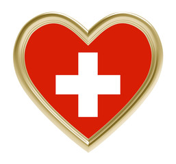 Swiss flag in golden heart isolated on white background. 3D illustration.