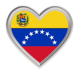 Venezuelan flag in silver heart isolated on white background. 3D illustration.
