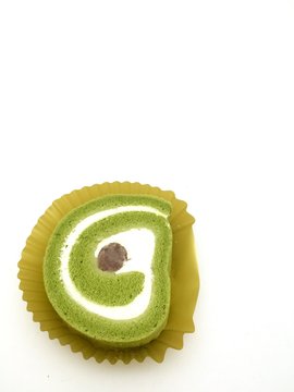 Green Tea Roll Cake With Red Bean Paste and Fresh Cream
