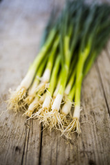 Fresh harvested green onions wooden rustic background.