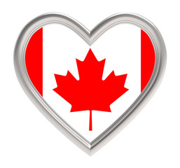 Canadian flag in silver heart isolated on white background. 3D illustration.