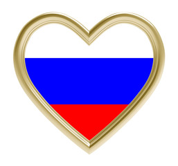 Russian flag in golden heart isolated on white background. 3D illustration.