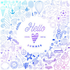 Summer doodles design, travel vacation illustration in wreath shape