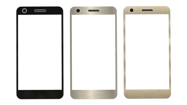 Modern smartphone in three color. White screen for mockup, isolated