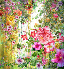 Obrazy  Akwarela malarstwo abstrakcyjne kwiaty. Wiosenne wielokolorowe kwiaty