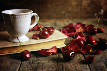 cherry berry on wooden background retro