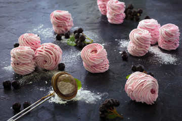 Pink homemade russian zefir on a dark background with powder sugar and berries. Top view.