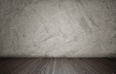 Rendering of interior with white concrete wall and wooden floor.