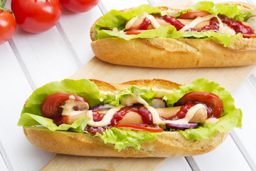 hot dogs on a wooden table