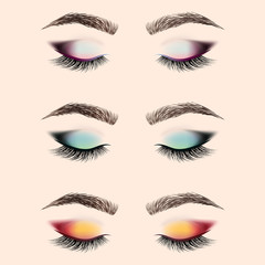 Set of eye makeup. Closed eye with long eyelashes and eyebrows. Vector illustration.
