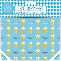 Seamless vector pattern of Oktoberfest with goblet of beer and plate with sausages on the blue background in the package.
