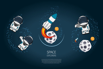 Set of Modern design vector illustration with rocket Launch, astronaut, planet. universe exploration and new technology. Template for poster.