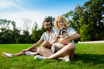 Fototapeta premium Couple smiling, sitting on grass with French bulldog in park.