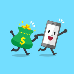 Cartoon character smartphone with money bag