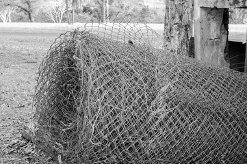 Roll iron fence abandoned in park yard.