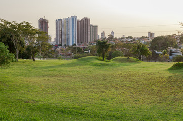Obraz premium A beautiful green lawn with small elevations and the city background.
