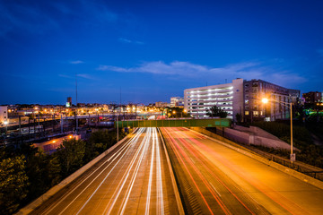 Fototapeta na wymiar The Jones Falls Expressway at night, seen from the Howard Street