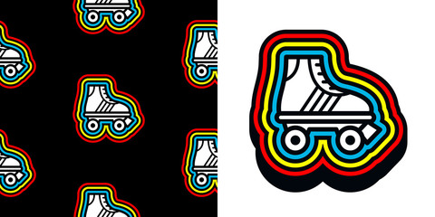 Roller skate icon with colorful frame and seamless pattern against black background 