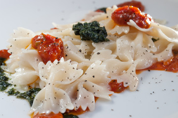 Farfalle Pasta with pesto and tomato sauce on white plate
